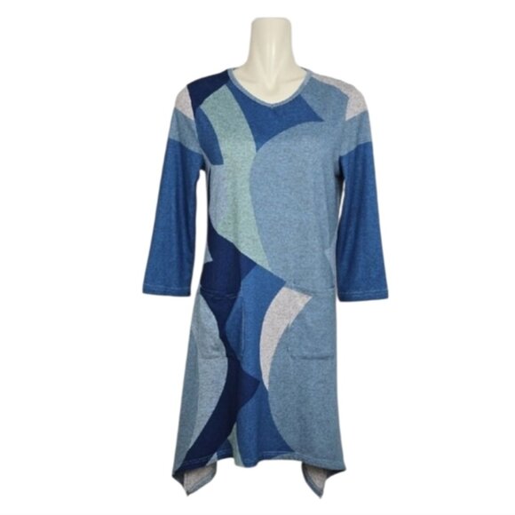 Papa Vancouver Blue Multi Pattern Tunic Top Patch Pockets V Neckline Size M - Picture 1 of 12